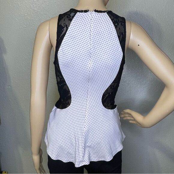 Guess Polkadot Peplum Sleeveless Blouse Pink With Black Lace Detail Size XSmall - Picture 8 of 14